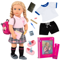 18-inch doll with blonde hair, blue eyes, school accessories and storybook 18-inch doll with blonde hair, blue eyes, school accessories and storybook