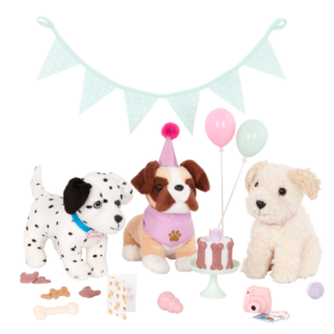 Our Generation Party Pups Birthday Decoration Set Dog Plush Pets 18-inch Doll Accessories