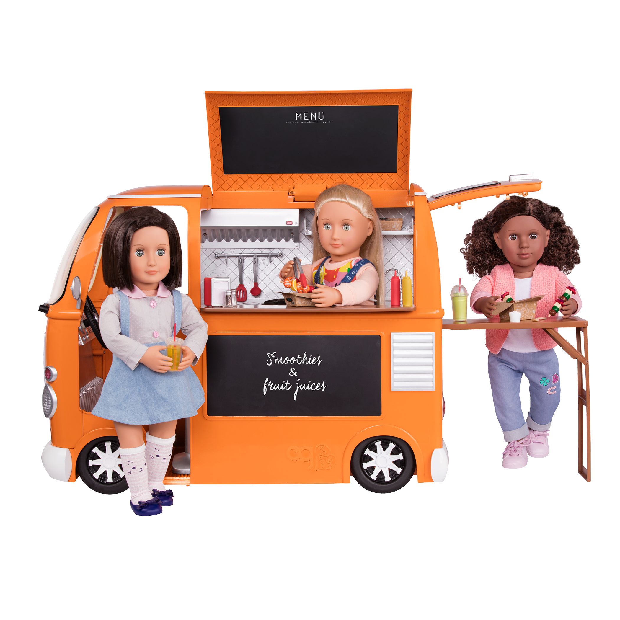 Three 18-inch dolls with toy food truck Grill To Go Food Truck - Image 1